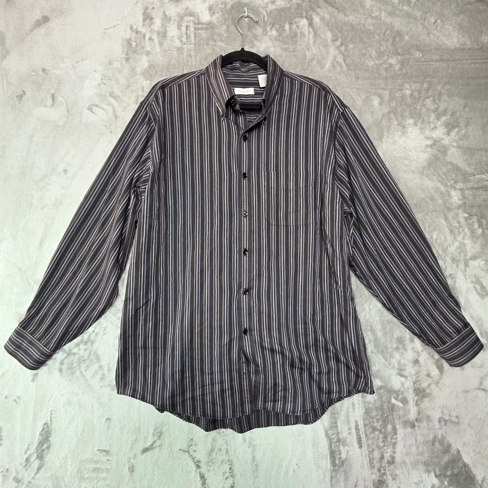 Van Heusen Mens Large Striped Button Down Shirt Black Brown Blue Long Sleeve
